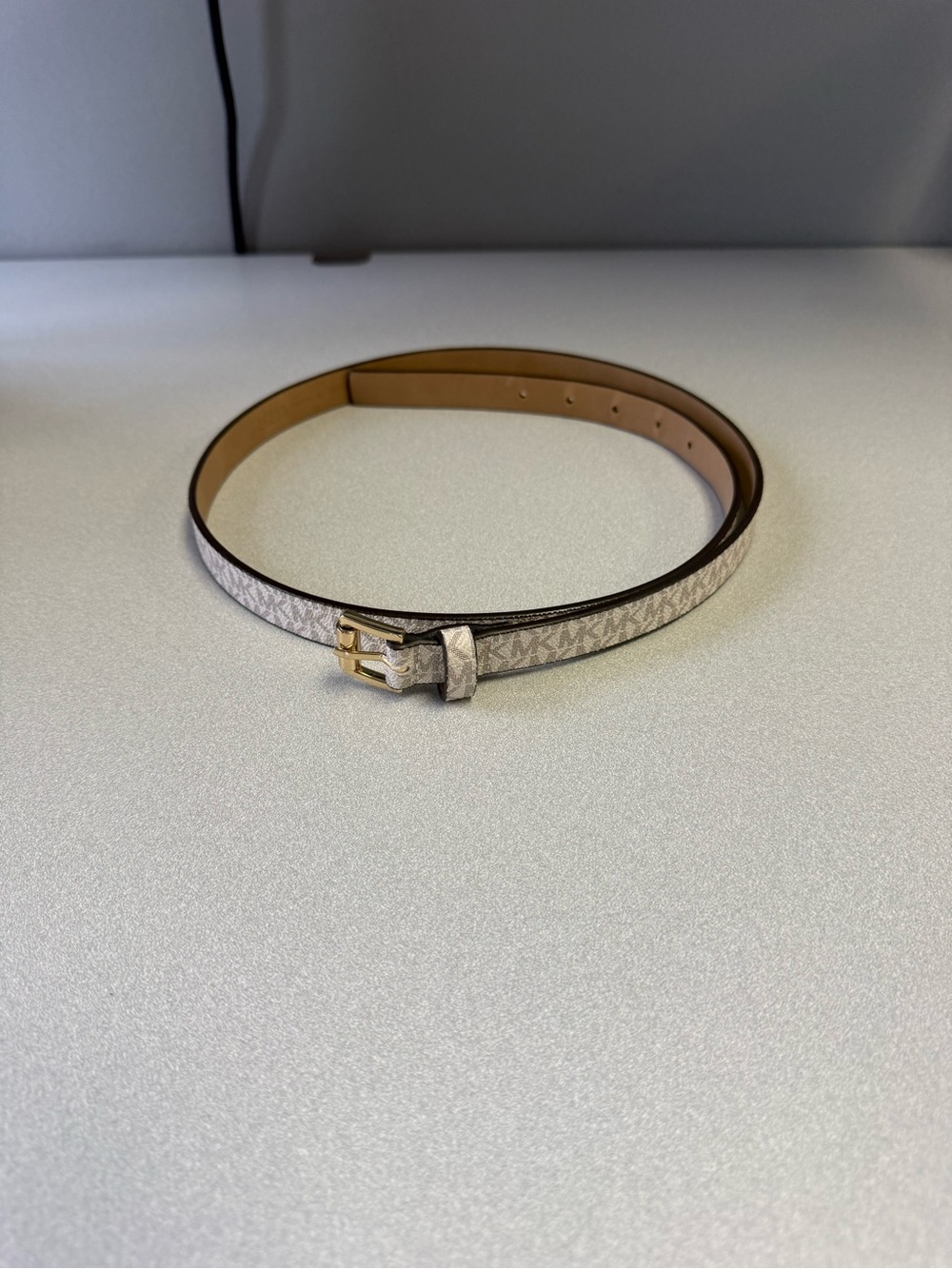 Michael Kors Cream Monogram Slim Leather Belt with Gold Buckle